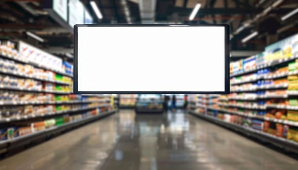 A large white sign hangs in a grocery store by AI generated image.