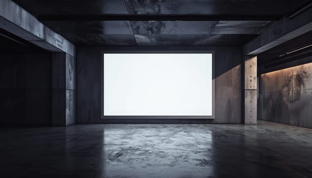 A large empty room with a white wall and a black floor by AI generated image.