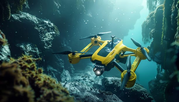 A yellow drone is flying over a rocky underwater area. The drone is equipped with lights and is hovering over a coral reef. Concept of adventure and exploration