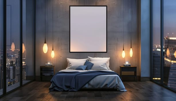 A large, empty white framed picture hangs on the wall above a bed by AI generated image.