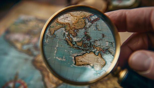 A hand holding a magnifying glass over a map of the world by AI generated image.