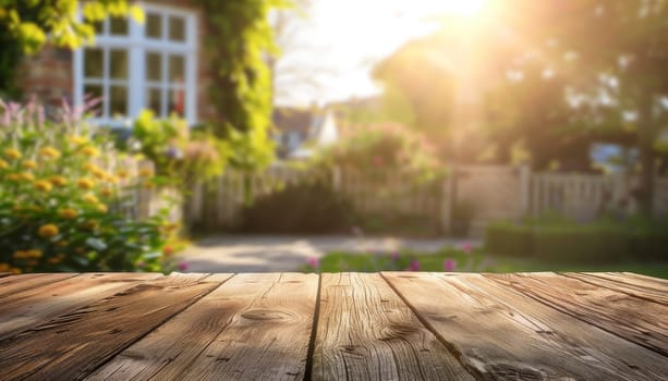 A wooden table with a view of a house and a garden by AI generated image.