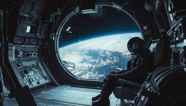 A man is sitting in a space shuttle looking out the window at the stars by AI generated image.