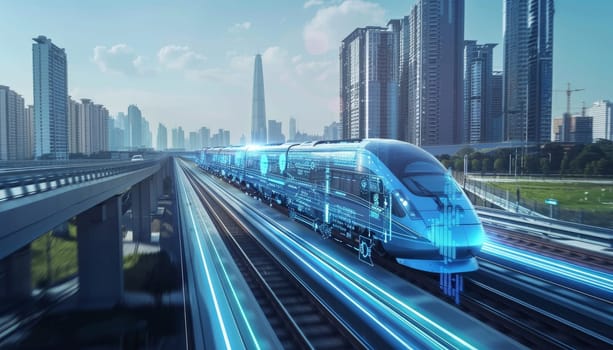 A futuristic train is traveling down a track in a city. The train is surrounded by tall buildings and a bridge. The train is depicted in a way that makes it look like it is flying through the air