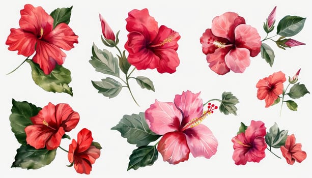 A set of watercolor flowers with red petals. The flowers are arranged in a row, with some overlapping each other. Scene is serene and peaceful, as the flowers are depicted in a calm