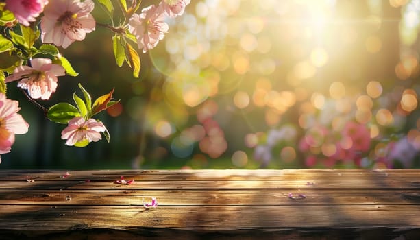 A wooden table with a view of a house and a garden by AI generated image.