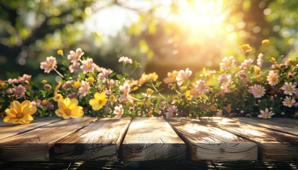 A wooden table with a view of a house and a garden by AI generated image.