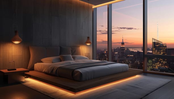 A bedroom with a large bed and a view of the city by AI generated image.