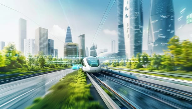 A train is traveling down a track in a city with tall buildings in the background. The train is surrounded by green grass and trees, giving the image a sense of movement and energy