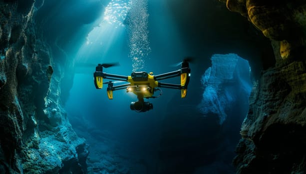 A yellow drone is flying in the water. The drone is surrounded by blue water and rocks