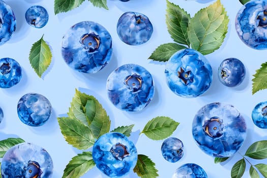 Creative arts meet botany in this product featuring a seamless pattern of blueberries and leaves on an azure background, reminiscent of a vibrant piece of glass art