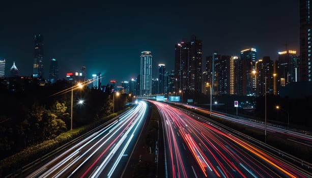 A city street at night with a lot of traffic and lights. The lights are very bright and the city is very busy