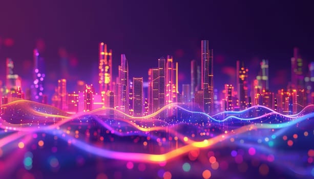 A cityscape with buildings in the background and a purple and blue sky. The cityscape is illuminated with neon lights, giving it a futuristic and vibrant feel