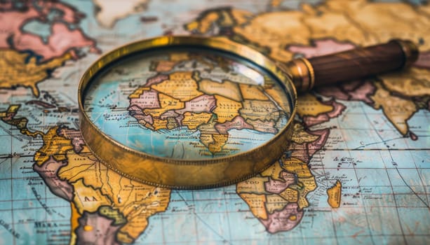 A magnifying glass is on a map of the world by AI generated image by AI generated image.