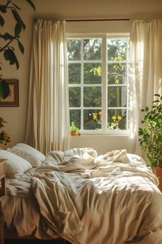A furniture bed is placed near a window in a bedroom, creating a cozy and comfortable spot with a view. The wood floor and plant add to the interior design