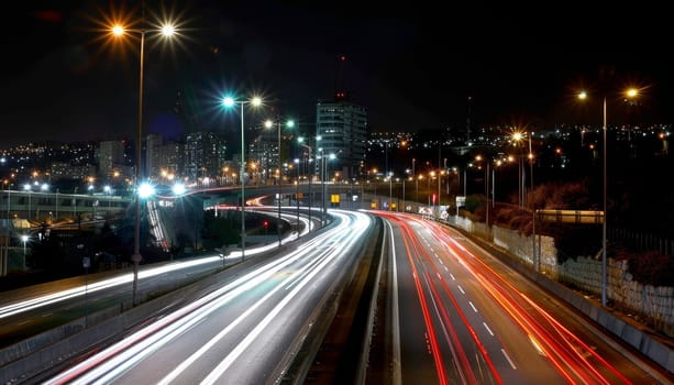 A busy highway at night with many lights and cars by AI generated image.