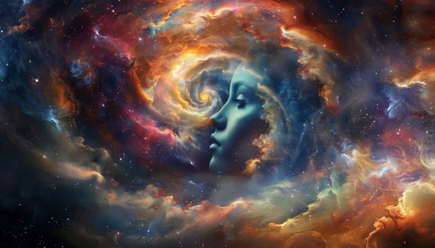 A woman's face is shown in a swirling cloud of colors, surrounded by stars and nebulae. Concept of wonder and awe at the vastness of the universe and the beauty of the cosmos