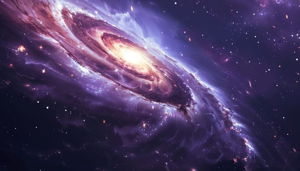 A spiral galaxy with a bright yellow star in the center. The galaxy is filled with stars and is surrounded by a purple sky