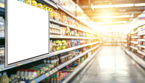 A white board is hanging in a store aisle by AI generated image.