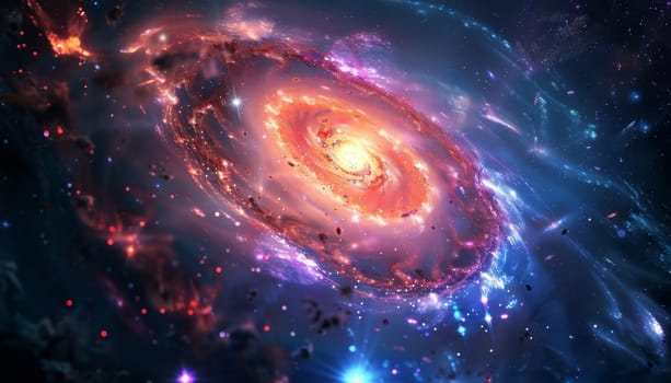 A colorful spiral galaxy with a bright orange center. The galaxy is surrounded by a blue and purple halo. Concept of wonder and awe at the vastness and beauty of the universe