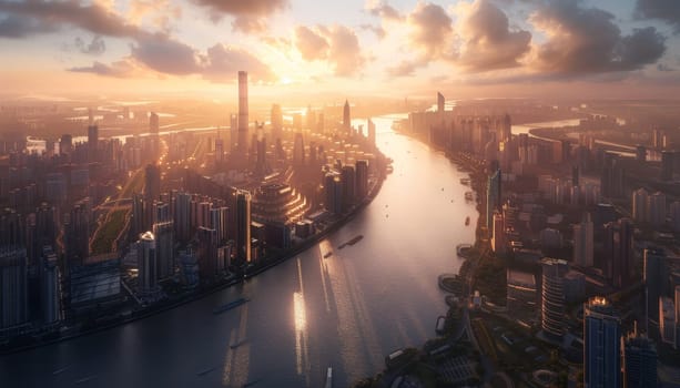 A city skyline with a river running through it. The sun is setting, casting a warm glow over the city. The buildings are tall and the river is calm. The scene is peaceful and serene
