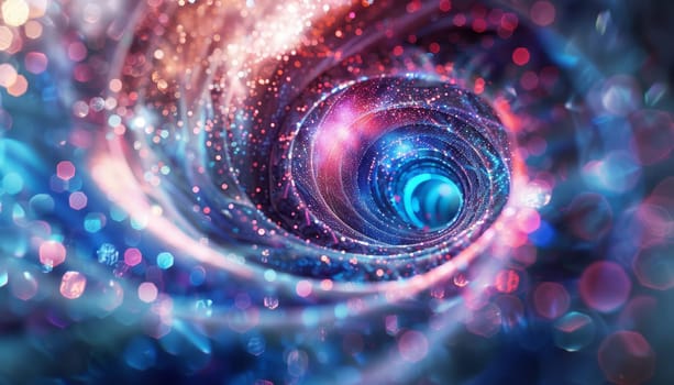 A spiral of light and color with a blue center. The spiral is surrounded by a blue and pink background