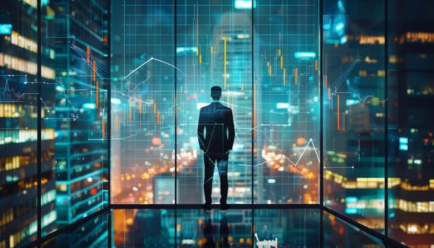 A man is standing in front of a window looking out at the city by AI generated image.