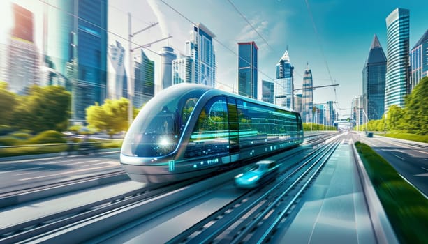 A futuristic train is traveling down a track in a city. The train is surrounded by tall buildings and trees, giving the impression of a bustling urban environment