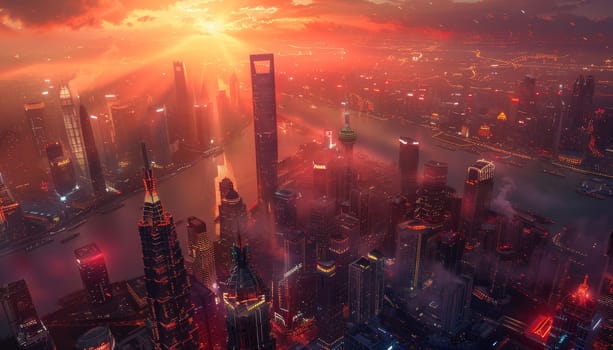 A cityscape with a bright orange sun shining on it. The city is lit up with neon lights and the sky is filled with clouds. Scene is vibrant and energetic