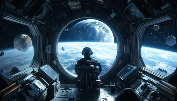 A man is sitting in a spaceship cockpit looking out at the Earth by AI generated image.