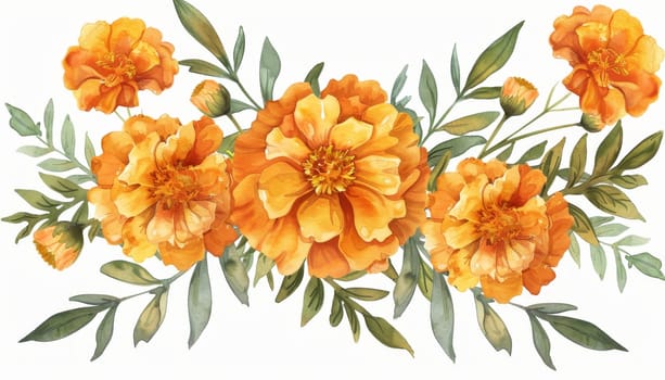 A watercolor painting of a bouquet of orange flowers. The flowers are arranged in a row, with some of them overlapping each other. The overall mood of the painting is warm and inviting