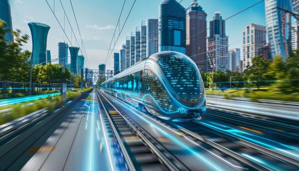 A futuristic train is traveling down a track in a city. The train is surrounded by tall buildings and trees, giving the impression of a bustling urban environment