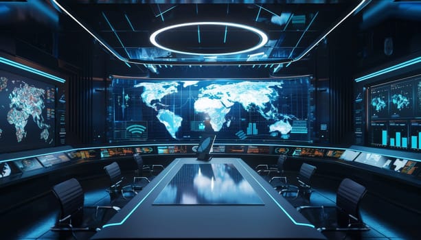 A futuristic room with a large screen showing a map of the world by AI generated image.