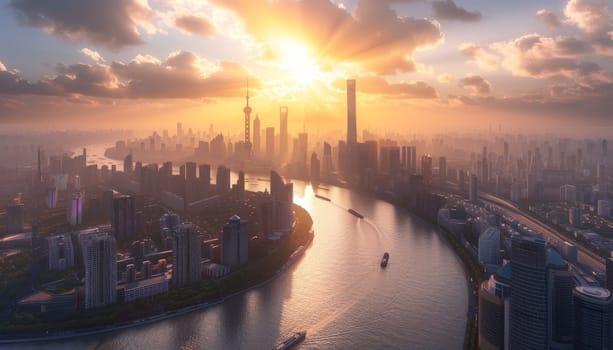 A city skyline with a river running through it. The sun is setting and the sky is filled with clouds