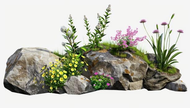 A rock garden with a variety of flowers and plants. The flowers are pink and yellow, and the plants are growing on the rocks. The garden has a natural and peaceful feel to it