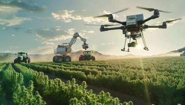 A field of green plants with a drone flying over it. The drone is in the middle of the field and is surrounded by two other drones