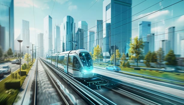 A train is traveling down a track in a city. The train is surrounded by tall buildings and trees. Concept of motion and energy, as the train moves quickly through the urban landscape