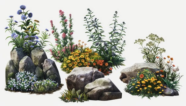 A collection of flowers and rocks are displayed in a garden setting. The flowers are of various colors and sizes, and the rocks are scattered throughout the scene