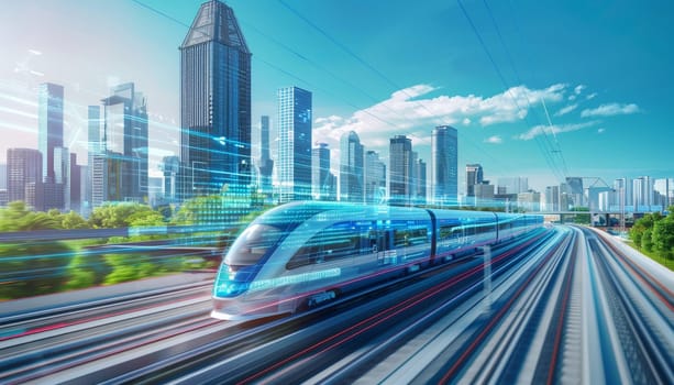 A futuristic train is traveling down a track in a city. The train is surrounded by buildings and trees, giving the impression of a bustling urban environment. The train is sleek and modern