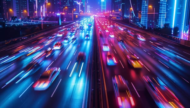 A busy highway with cars driving down it. The cars are moving quickly and the lights are bright. Scene is energetic and fast-paced