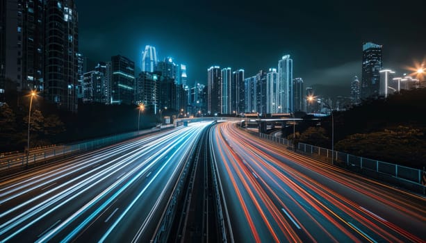 A city street at night with a bright neon sign in the background. The lights from the cars and the neon sign create a sense of movement and energy