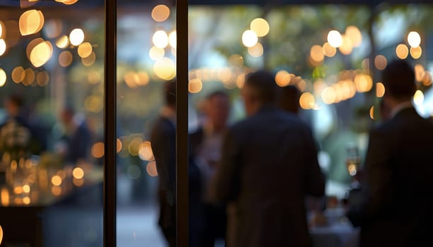 A blurry image of people walking in a city with a bright, colorful background by AI generated image.