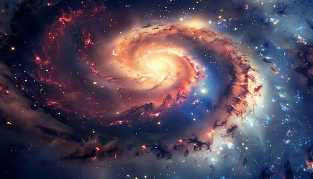 A spiral galaxy with a bright yellow center. The galaxy is filled with stars and is surrounded by a blue sky. The colors of the galaxy are vibrant and the stars are scattered throughout the image
