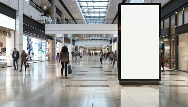 A large empty white billboard sits in the middle of a busy shopping mall by AI generated image.