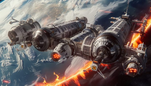 A space ship is flying through space with a fiery trail behind it. The ship is surrounded by other ships, and the scene is set in a futuristic world. Scene is intense and action-packed