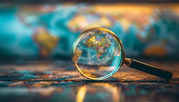 A globe is in a magnifying glass by AI generated image.