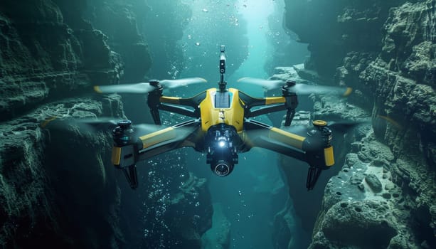 A yellow and black drone is flying in the water. The drone is equipped with a camera and is hovering over a rocky area. Concept of adventure and exploration