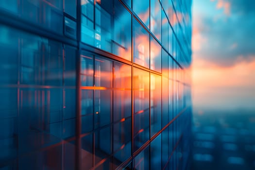 The azure sky reflects in the windows of the tall building, creating a vibrant display of tints and shades resembling an electric blue artwork