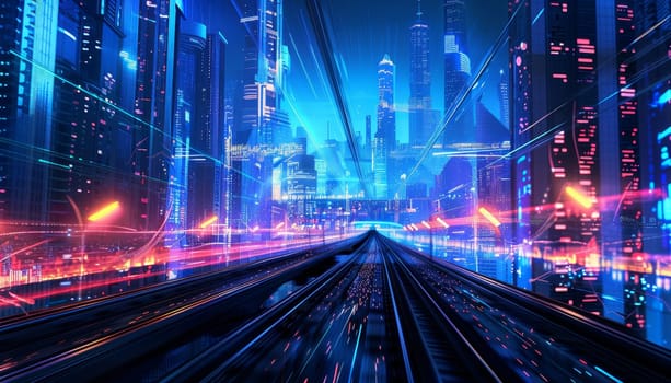 A cityscape with a train running through it. The train is surrounded by neon lights and the city is lit up in a blue and purple hue. Scene is futuristic and energetic