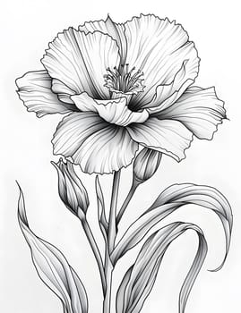 A monochromatic illustration of a flower with leaves on a white background, showcasing the beauty of a flowering plant through detailed drawing and artistry